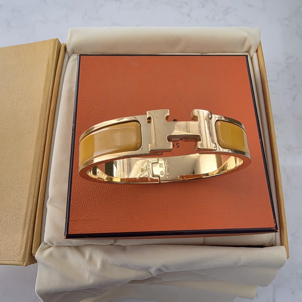 Authentic Hermes Gold & Yellow Cuff Bracelet Hermès Clic H Narrow Size PM (Petit - Picture 7 of 11